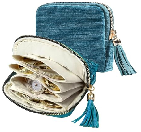 Floruvia Organizador de Joyas para Viajes: Estuche de Cremallera de Terciopelo de 5 Capas para Brazaletes, Collares y Pulseras - Protección contra Enredos y Arañazos (Azul Pavo Real)