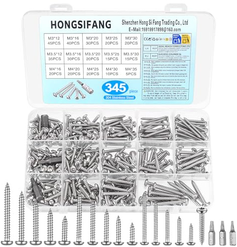 345 Pcs Tornillos, M3 M3.5 M4 Tornillos Autorroscantes de Acero Inoxidable | M3/M3.5/M4 con 3 x Puntas para proyectos DIY