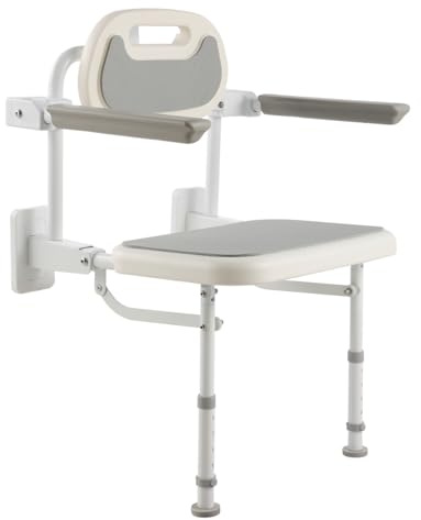 VEVOR Asiento de Ducha Abatible HDPE, Silla de Ducha Plegable Montaje en Pared con Respaldo, Reposabrazos y Patas Antideslizantes, Marco de Acero Inoxidable, Carga de 150 kg, para Adultos, Mayores