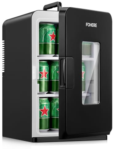 FOHERE Mini Fridge 21 Litre, Mini Fridge for Bedrooms, Portable Cooler & Warmer AC+12V DC Power, Small Refrigerator for Drinks, Home, Car, Travel, Cosmetics/Makeup/Skincare, Max & ECO Mode, Black