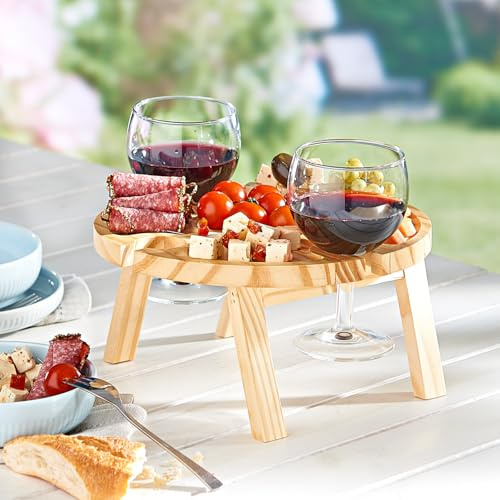3 PAGEN® Tavolo da picnic in legno – tavolo da spuntino pieghevole con supporto per bicchieri da vino – ideale per picnic, campeggio o come tavolino da letto – tavolo da vino per interni ed esterni