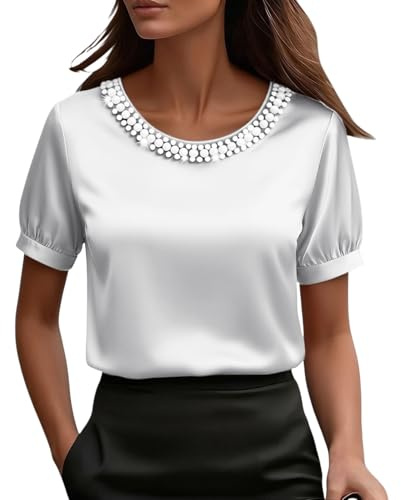 Leaomuny Camicia Donna Elegante Manica Corta,Camicie Raso Curvy Scollo a V con Perline,Blusa Estiva Eleganti Slim Fit Cerimonia,Camicetta Casual Ufficio Tinta Unita,Maglietta Leggera Sera Festa Shirt