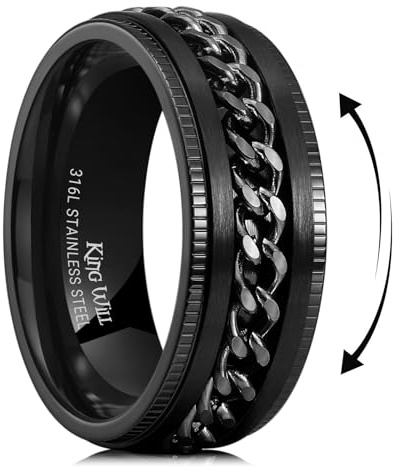 King Will Stainless Steel Fidget Ring 8mm Step Black Chain Spin Size 8