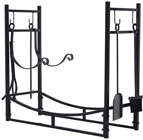 Outsunny Porte bûches - Range bûches Serviteur de cheminée - Multi Accessoires étagère bûche et Petit Bois métal Noir