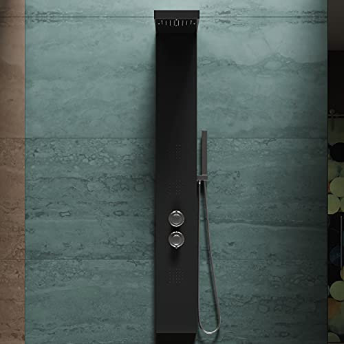 Colonna doccia idromassaggio, soffione a piogga, effetto cascata e doccetta, miscelatore termostatico (NERO)