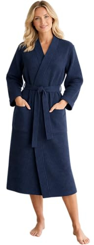 Morgenstern Bademantel Damen Leicht 100% Baumwolle OEKO-TEX® Waffelstoff Waffelpique Waffelmuster Paula Dunkelblau M