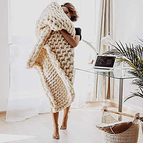 Blanket Strickdecke, Handgefertigtes Chunky Gestrickte Wolldecke, Grob Gestrickte Kuscheldecke, Überwurf Mode Sofa Decken Yoga Matte Teppich Große Weiche,Beige,80 * 100cm
