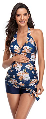 Maillot de Bain Femme Tankini avec Culotte Maillot de Bain 2 Pièce Push Up Elégant Plage Floral Maternité Beachwear Tankini pour Grossesse Encein Bathing Suit Maternité (Bleu,M)