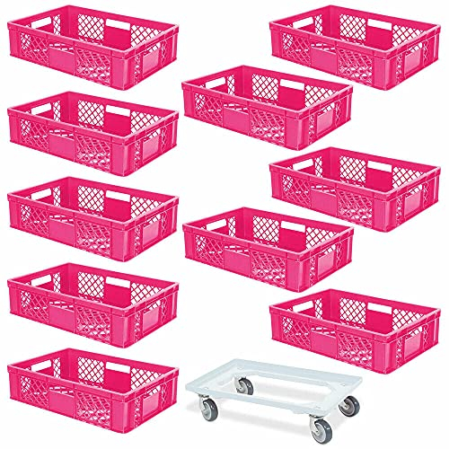 BRB Lot de 10 bacs Euro 600 x 400 x 150 mm (L x l x H) - Qualité industrielle - Rose + 1 chariot de transport blanc