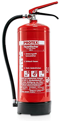 Estintore a polvere Protex PDE 6 estintore a polvere – 6 kg – per le classi di fuoco ABC – certificato secondo DIN EN 3 e CE – 9,5 kg – con pratico supporto – con placca di prova – Made in EU