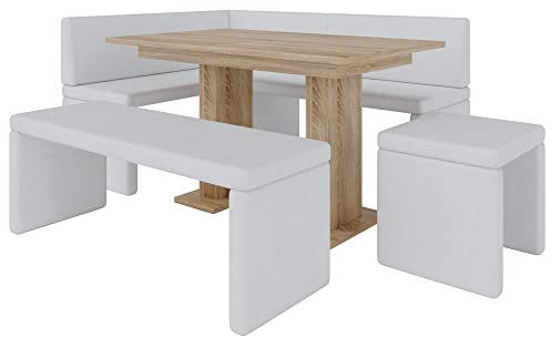 FURNISTAR Eckbank Akiko mit Tisch und Bänken - Eckbankgruppe für Ihrem Esszimmer, Küche modern, Sitzecke, Essecke. Perfekt für Küche, Büro und Rezeption. Solide Verarbeitung (Soft 17, 196x142 rechts)