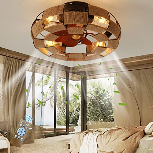 KZT Ventilateurs de plafond avec Lumiere E27 Vintage Industrielle Fan Plafonnier avec Telecommande Lampe de Plafond pour Chambre Salon, Cage en Métal avec corde de chanvre, 6 Vitesses Réversible
