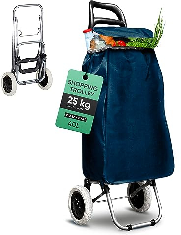 DS Lux Hocheffizienter Einkaufstrolley - 40 Liter Kapazität, 25 kg Belastbar, Verschließbare Reißverschlusstasche, Ergonomischer Griff, Platzsparend Zusammenklappbar. (Blau)