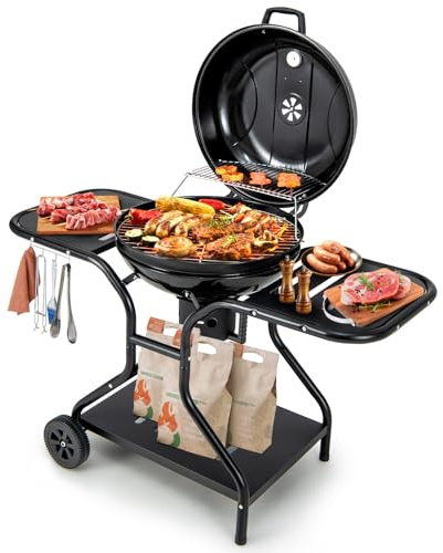 COSTWAY Kettle Charcoal Grill, Portable Barbecues Grill with Porcelain Enamel Body and Lid, Ash Catcher, 2 Side Tables, Storage Shelf, 4 Hooks, Wheels, Thermometer & Air Vents, Outdoor Oven Cooker