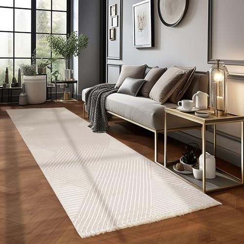 Carpetsale24 Kurzflor Teppich Läufer 80x250 cm Beige Modern Skandinavisch Boho Design Einfarbig 3D Effekt Weich Waschbar Pflegeleicht für Flur Eingang Küche Schlafzimmer