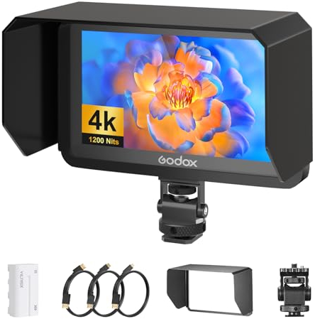 Godox GM6S 5,5 Inch Touch-Steuerung 4k Monitor mit Batterie 1200nit DSLR Kamera Field Monitor HDMI 1920x1080 IPS 3D LUT Typ-C mit NP-F550 Akku mit NP-F550 Akku mit Sonnenblende für Sony Canon Nikon