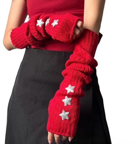 Eominve Y2K Women Teens Knitted Arm Warmers Japanese Harajuke Cosplay Lolita Cute Fingerless Mittens Thumb Hole Gloves (Red)