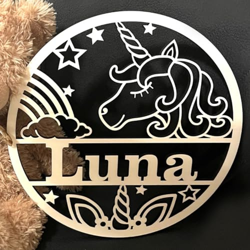 NoriKids Türschild aus Holz & individuellem Namen – Motiv Einhorn | Namensschilder für die Tür – Schild für Kinderzimmer & Zimmertür – personalisierte Geschenke