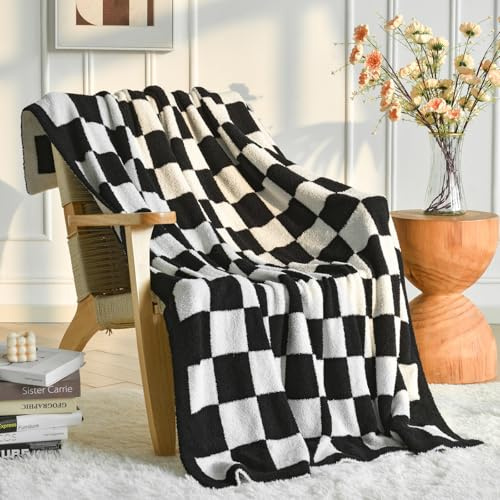 Checkered Blanket, Cozy Soft Throw Blankets for Couch Bed, Fluffy Plaid Lightweight Comfy Travel Picnic Blanket Gifts for Sofa Chair Living Room Camping (Black, Throw 50x60)