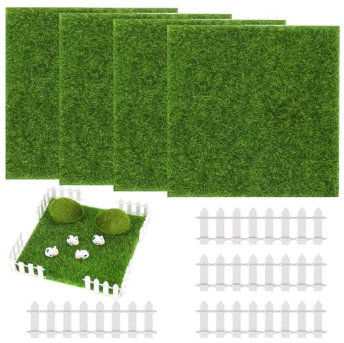 Mozeat Lens 4 Pcs Grass Lawn Artificial Grass Mat with 4 Pcs Garden Fence 15x15 cm Artificial Lawn Life-Like Fairy Miniature Garden Decoration For Micro Landscape Terrace