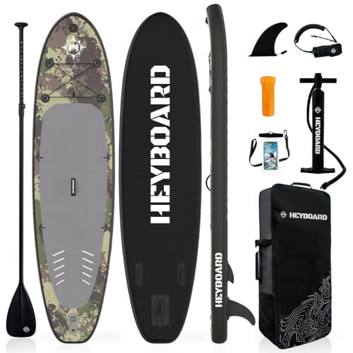 HEYBOARD Aufblasbares SUP Board, Stand Up Paddle Board 320x81x15cm mit Premium Zubehör inklusive Rucksack, verstellbarem Paddel, Handpumpe, Leine, Abnehmbarer Flosse, Tarnung, 200kg