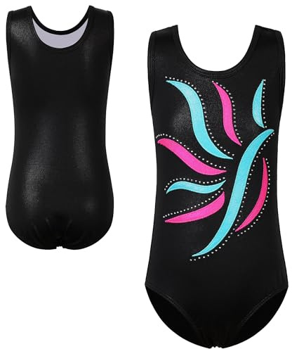 XFGIRLS Gymnastikanzug für Mädchen, ärmellos, glitzernd, Turnanzug, Gymnastik, athletischer Turnanzug, Mädchen, Ballett, Tanz, Gymnastik, Turnanzug, 5–14 Jahre, Schwarz , 13-14 Jahre