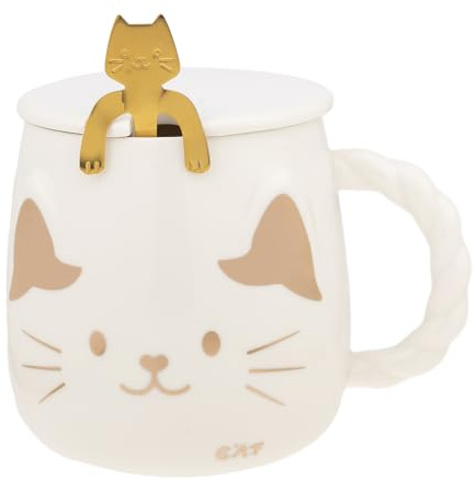 lachineuse – Porzellantasse mit japanischer Katze – mit Deckel und Löffel – 425 ml – Frühstück und Entspannungspause – Kaffee, Tee, heiße Schokolade – asiatische Geschenkidee – Farbe Weiß und Gold