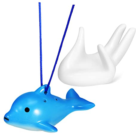 Delfin Okarina 6-loch Keramikflöte für Anfänger Musikunterricht | Satz mit Handstütze, Englischem Liederbuch und Trageband, Polyester Lanyard in Weiß und Hellblau