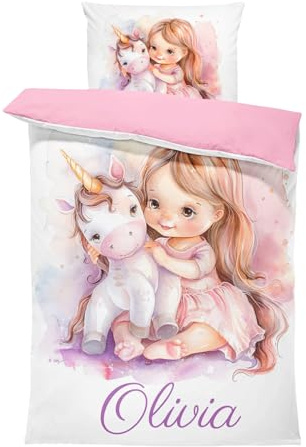 Pictogogo Einhorn-Design Kleinkindbettwäsche für Mädchen mit Namen, Personalisiert, Wählbare Baumwollunterfarbe (Weiß, Rosa, Blau, Grau), Oeko-TEX, 100 x 135 cm