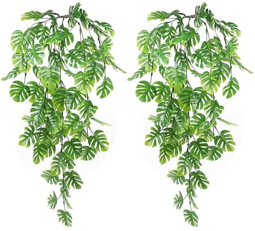 All-Pie 2X Künstliche Hängend Pflanzen Farne Hängepflanzen Kunststoff Monstera Blätter für Innen- und Außenbereiche Wohnzimmer Küche Balkon Garten Schlafzimmer Deko Artificial Plants