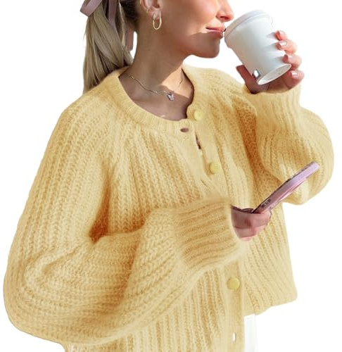 VDWIP Women's Cardigan Sweaters Button Down Open Front Chunky Cardigan Long Sleeve Cropped Y2k Knit Outerwear(Yellow-S)