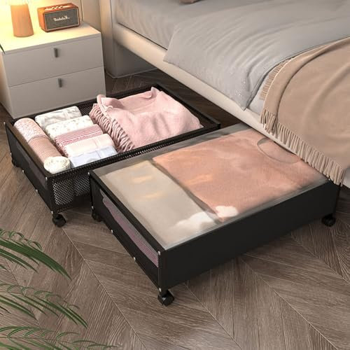 IVTUVTI 2 Stück Unterbett Aufbewahrungsbox, Unterbettkommode Mit Rollen, Bettkasten Mit Rollen, Metallrahmen Bettkasten Organizer Aufbewahrungstasche für Kleidung, Schuhe, Decken, Bettwäsche