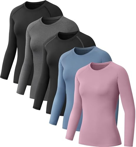 NebuKinex 5 Pack Women's Compression Shirt Long Sleeve Workout Tops Athletic Baselayer Quick Dry Gym Yoga Running T-Shirt 2Black/Grey/Blue/Purple S