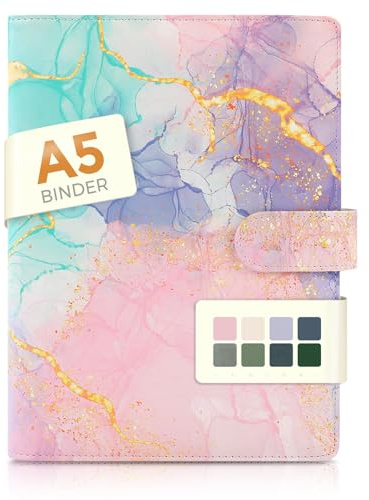 SKYDUE A5-pärm – fuskläder, påfyllningsbar 6 ringpärmar, budget kontor och reseorganiserare (marmorrosa)