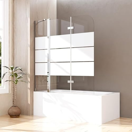 Duschwand für Badewanne 150x140cm Faltbar Duschtrennwand mit festem Segment, Gestreift Glas 3-teilig Badewannenaufsatz Badewannen 150cm Duschabtrennung mit 6mm ESG Sicherheitsglas