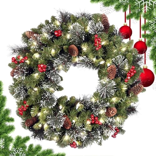 Ghirlanda di pigne, ghirlanda di Natale con luci | Ghirlanda natalizia a grappolo di bacche rosse con | Ghirlanda natalizia artificiale rustica da 40 cm/15,7 pollici, decorazione stagionale per la cas