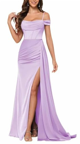 HPPEE Vestidos de satén para mujer, con abertura, plisados, hombros descubiertos, vestidos de dama de honor para boda, Lila, 36