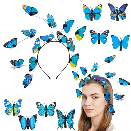 Nogeqi Schmetterling Haarreif Damen, Schmetterlings Stirnband Mit 8 Stück Schmetterlinge, Schmetterlingkopf Haarreifen Stirnbänder Karneval Party Butterfly Fasching (Farbe)