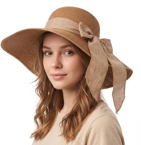 HomKuch Femmes Grand Arc Chapeau de Paille Grand Cap de Plage Pliant Chapeau de Soleil