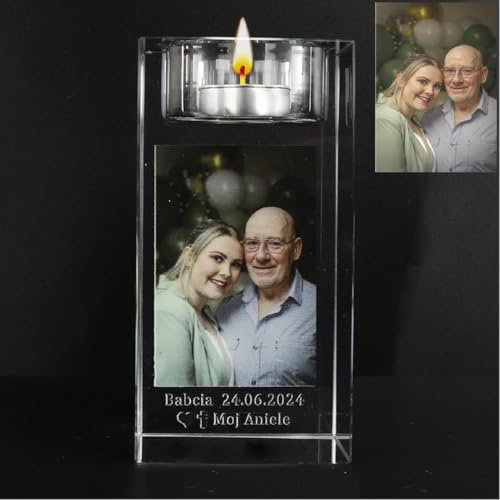 Personalisierte Farbige Foto Kristall Kerzenhalter mit Bild und Text Glas Foto Kerzenständer Teelichthalter für den Verlust Weihnachten Gedenkgeschenke Beerdigung (5 * 5 * 10cm)