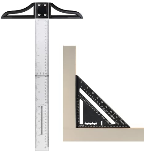 Smgda Aluminum Alloy 180mm Angle Triangle Ruler and 450mm T Square Ruler Set, Metric & Imperial Scales Woodworking Scriber Measuring Tool for Carpentry/Woodworking/Drafting
