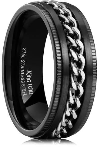 King Will Intertwine 8 mm Spinnerring für Männer, Edelstahlring für Männer, Zappelring, Angstring mit schwarzem Kettenring, Größe 54–70 (17–22)