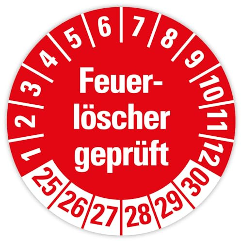 25x Prüfplaketten „Feuerlöscher geprüft 2025-2030 auf Bogen Folie, Rot | Ø 20-30 mm Made in Germany, Größe: Ø 20 mm