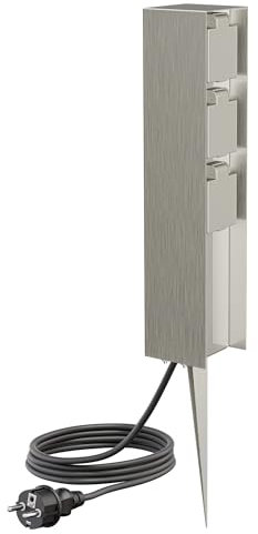 ledscom.de Pilastro di presa da giardino POMI con picchetto a terra e cavo da 2 m per esterni, IP44, a 3 vie, acciaio inox, angolare, 33 cm