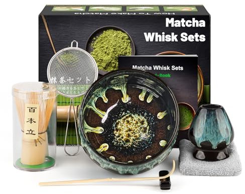 Kit de cérémonie à matcha japonais 7 pièces, batteur à matcha en bambou naturel, bol à matcha, cuillère en bambou, passoire, torchon, fouet, ensemble complet à matcha, bleu et noir