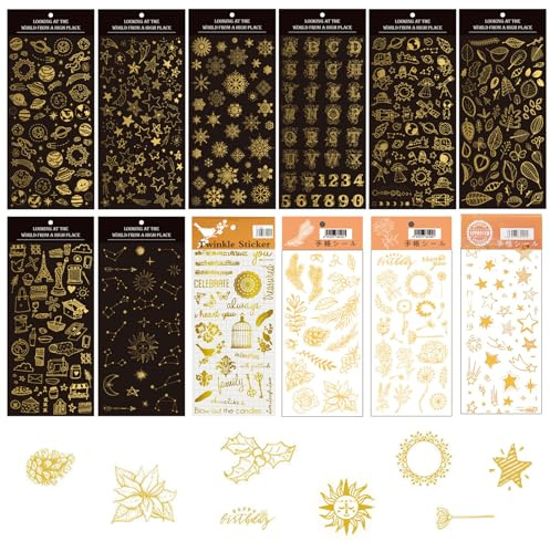 Sxutop 12 Hojas Pegatinas Scrapbooking Doradas Pegatinas Autoadhesivas Oro Vintage pegatinas Decorativas para Album Fotos Stickers Scrapbook Doradas de Diferentes Formas para Manualidades Diy