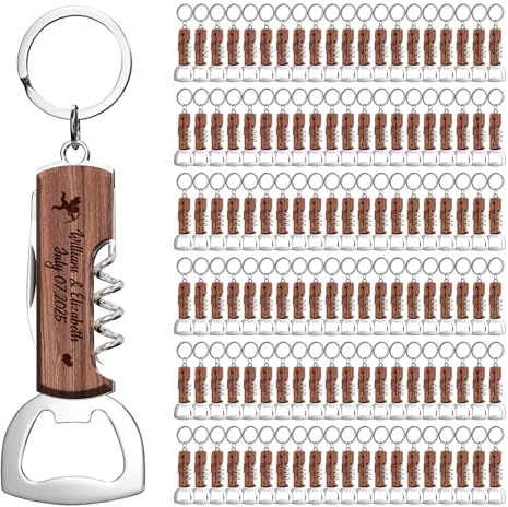 120 Piezas Abrebotellas Multifuncionales Madera de Padauk Personalizados, Regalos con Grabado para Bodas, Cumpleaños y Eventos - Llaveros Únicos para Invitados