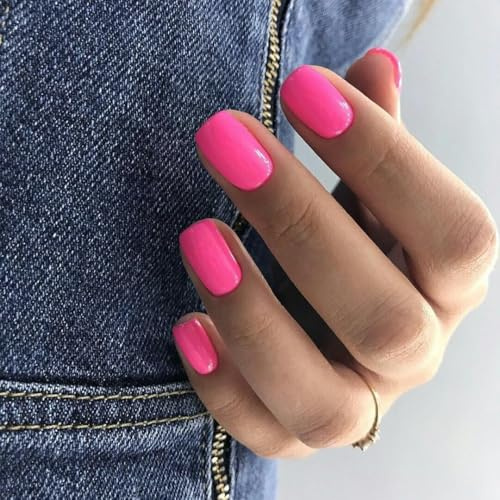 KQueenest Press on Nails Kurz – Sheer Heiß Rosa Nägel zum Aufkleben Kurz, Einfarbig Eckig Fake Nails Neon Pink, Quadratische Künstliche Nägel Set für Frauen & Mädchen, 24 Stück