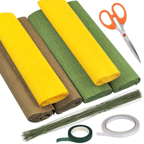 Swpeet 39Pcs 3Colors 9.8 x 98 pulgadas hojas de papel crepe rollos con alambre de tallo floral, cinta, de doble cara y tijeras Kit de sorteo, 8.2ft floración Kit de disposición para la decoración de