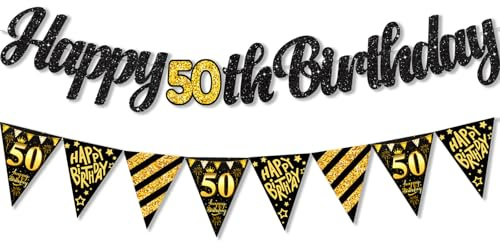 ParPix 2 Stk Banner 50 Geburtstag Deko, Schwarz Gold Girlande Deko 50. Geburtstag Mann Frau, 50. Geburtstags Deko Girlande,Geburtstagsdeko 50 Jahre Banners,50er Geburtstagsgirlande,Deko 50 Geburtstags